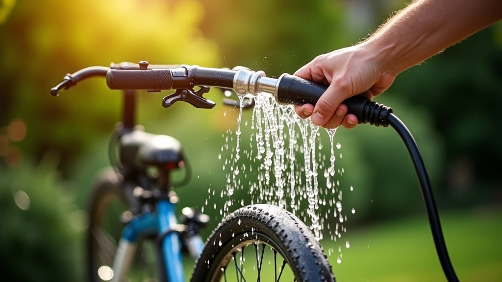 Pilnas dviračio valymas vandeniu iš šlapalio šaltinio šviežiame ore, sodas arba gatvė